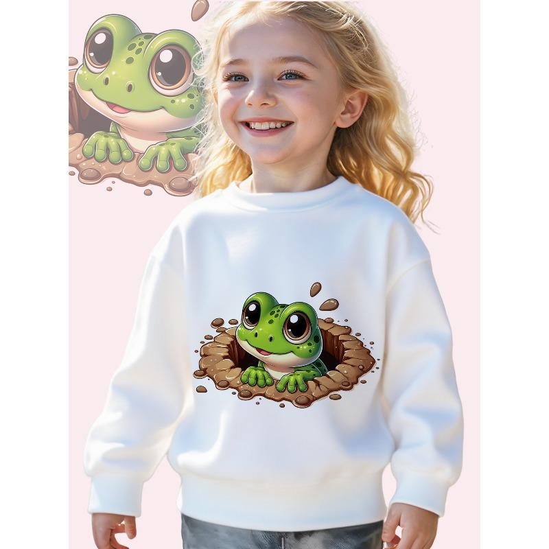 Kids Crewneck Sweatshirt, Cute Green Frog Peeking Out of Muddy Pond Graphic Print