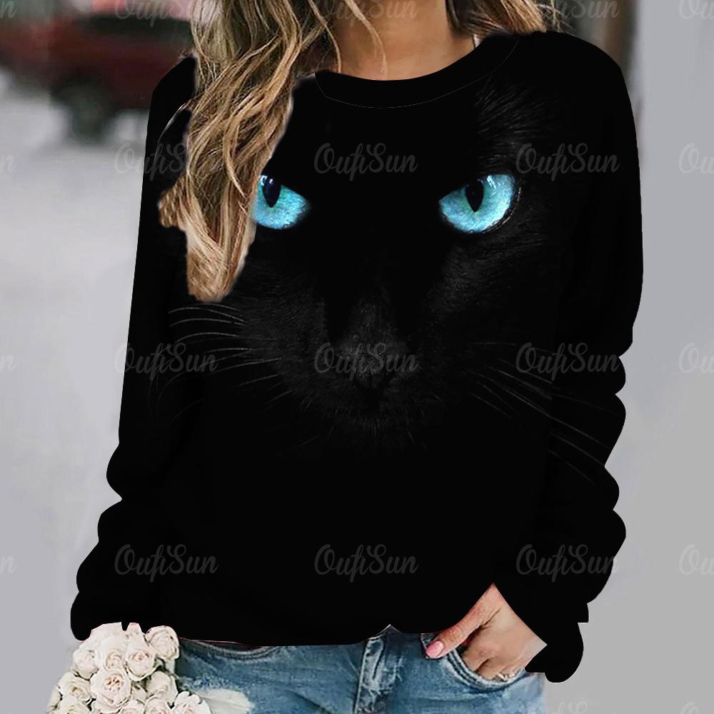 Women Long Sleeve T Shirt Kawaii Cat Graphic 3d Print Tees Harajuku Casual Tops Autumn O Neck Pullover Female Loose Clothing