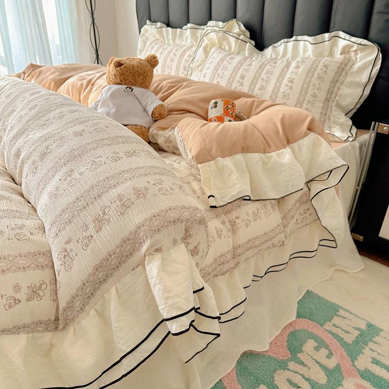 Sleep Grid Double-layer Yarn Wrinkled Yarn Korean Fresh Style Bed Skirt Four Piece Set