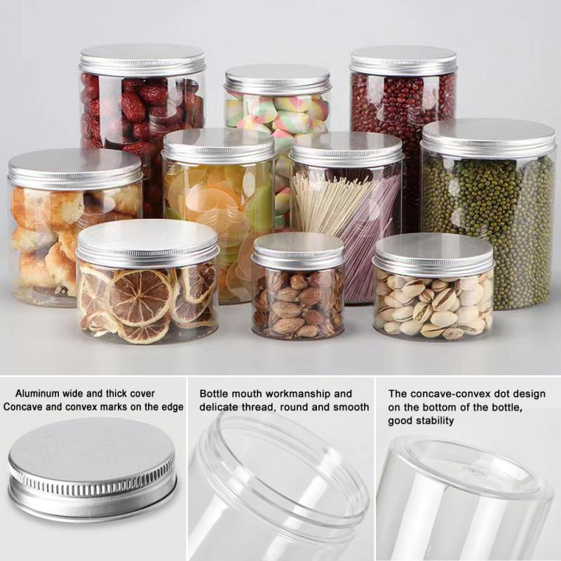 5pcs Aluminum Cap Sealed Cans PET Empty Transparent Plastic Bottles 15Sizes Wide Mouth Jar Oil Wax Packaging Container With Lids