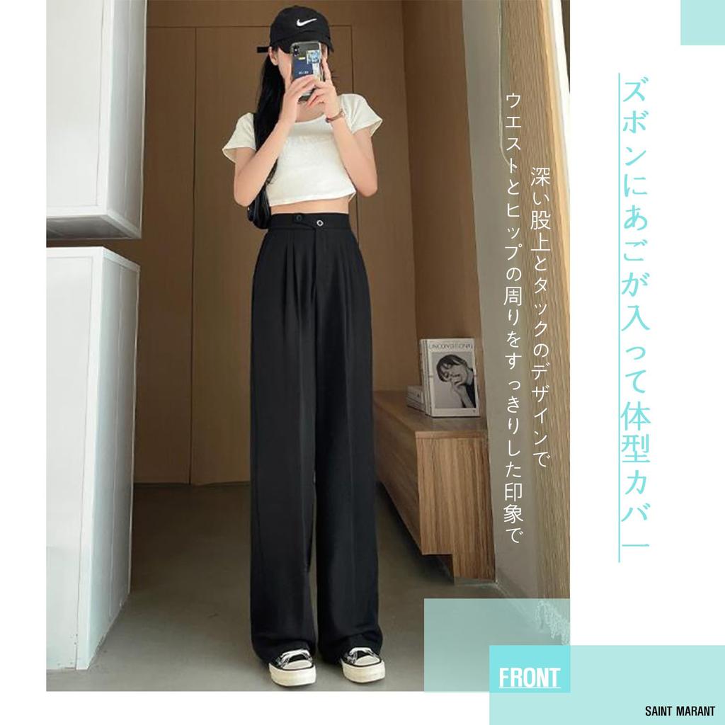 SAINT MARANT SL2414 Casual Wide Leg Pants with High Long Perfect for Office and Size Black Women's Banding, Waist, Black, Slacks, Suits, M,