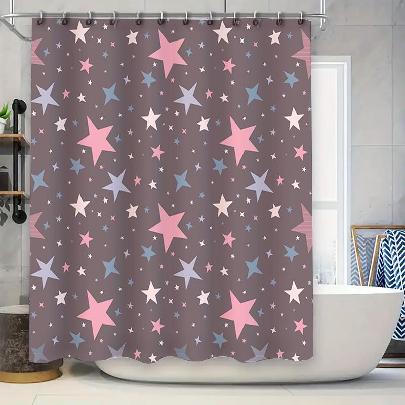 

Blue Pink Star Print Shower Curtain Polyester Waterproof Bathroom Decor Customizable Size Available W60H190(CM)-1 Pcs