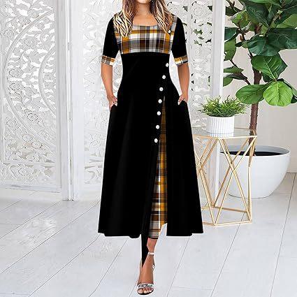 Women's Plaid Patchwork Round Neck Half Sleeve Side Button Split Loose Long Maxi Dress