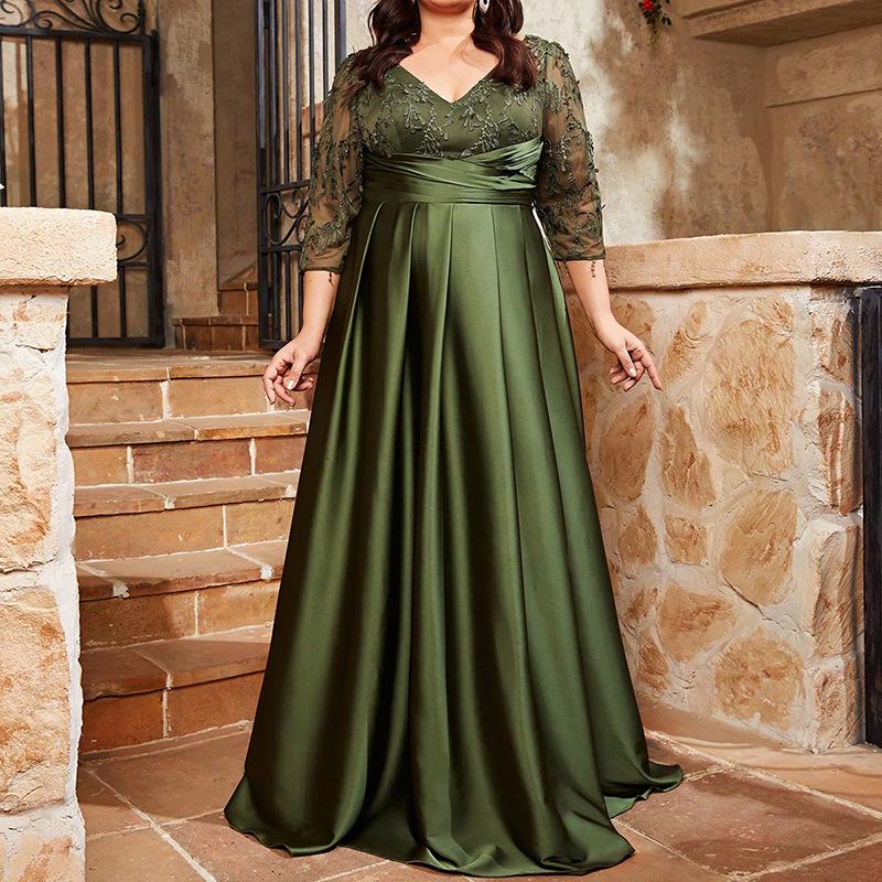 Elegant V-ringad Satinkvällsklänning - Plusstorlek, Långärmad, Slim Fit med Paljetter