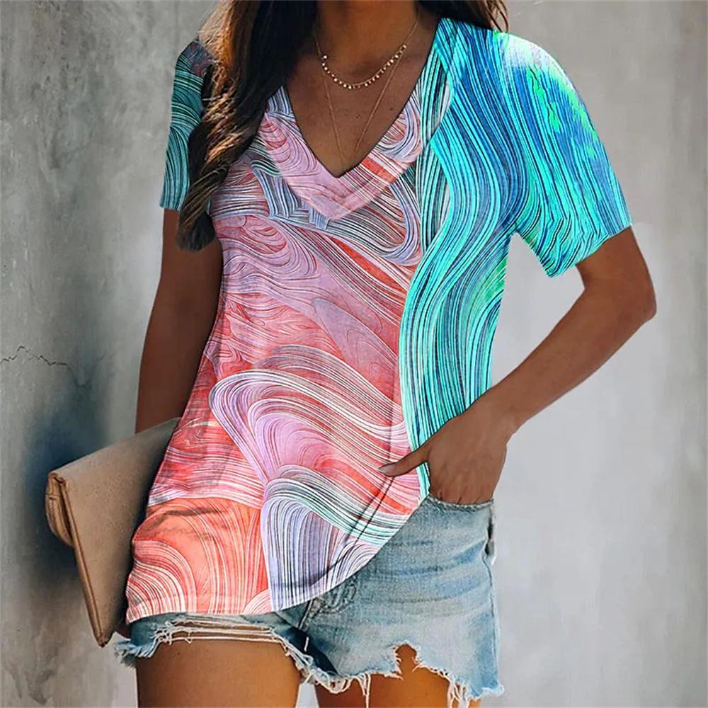 Fashion V-Neck Short Sleeve Colorful Tassels Print T-Shirts Summer Casual Elegant Women's Large Size T-Shirts