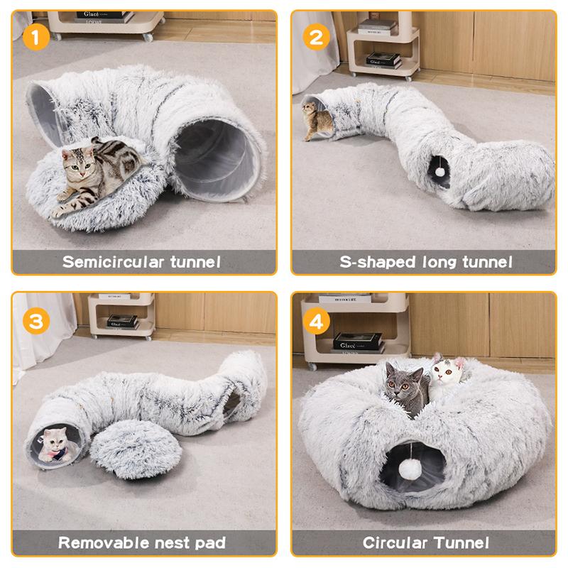2-In-1 Foldable Warm Plush Cat Bed Donut Shaped Indoor Playing Sleeping Integrated Expand Cat Tunnel Playful Kittens Accessories