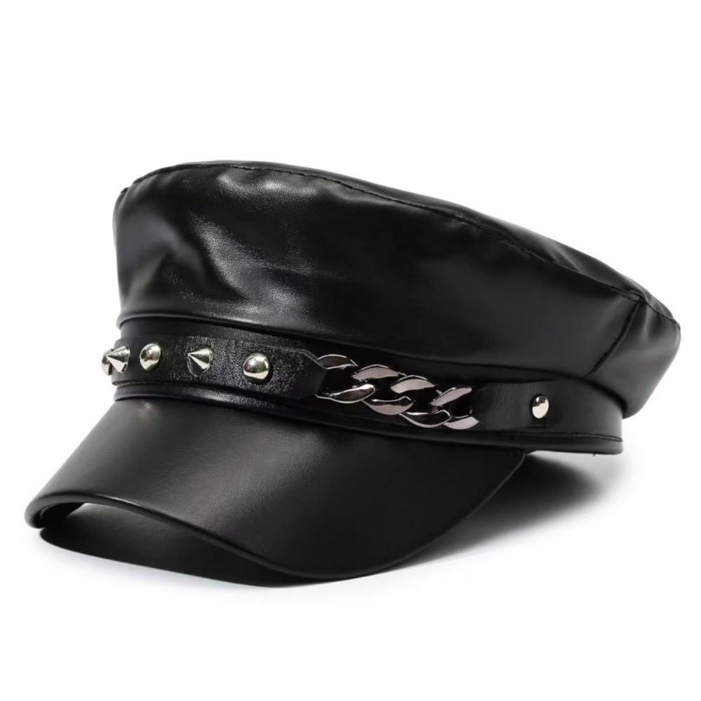 Black Beret Hat PU Leather Sailor Visor Hat Retro Newsboy Cap