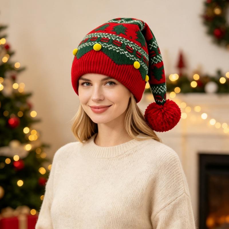 Unisex Adult Kid Christmas Jacquard Knitted Beanie Winter Warm Ear Protection Yarn Hat Family Matching Holiday Costume Pullover Hat for Christmas