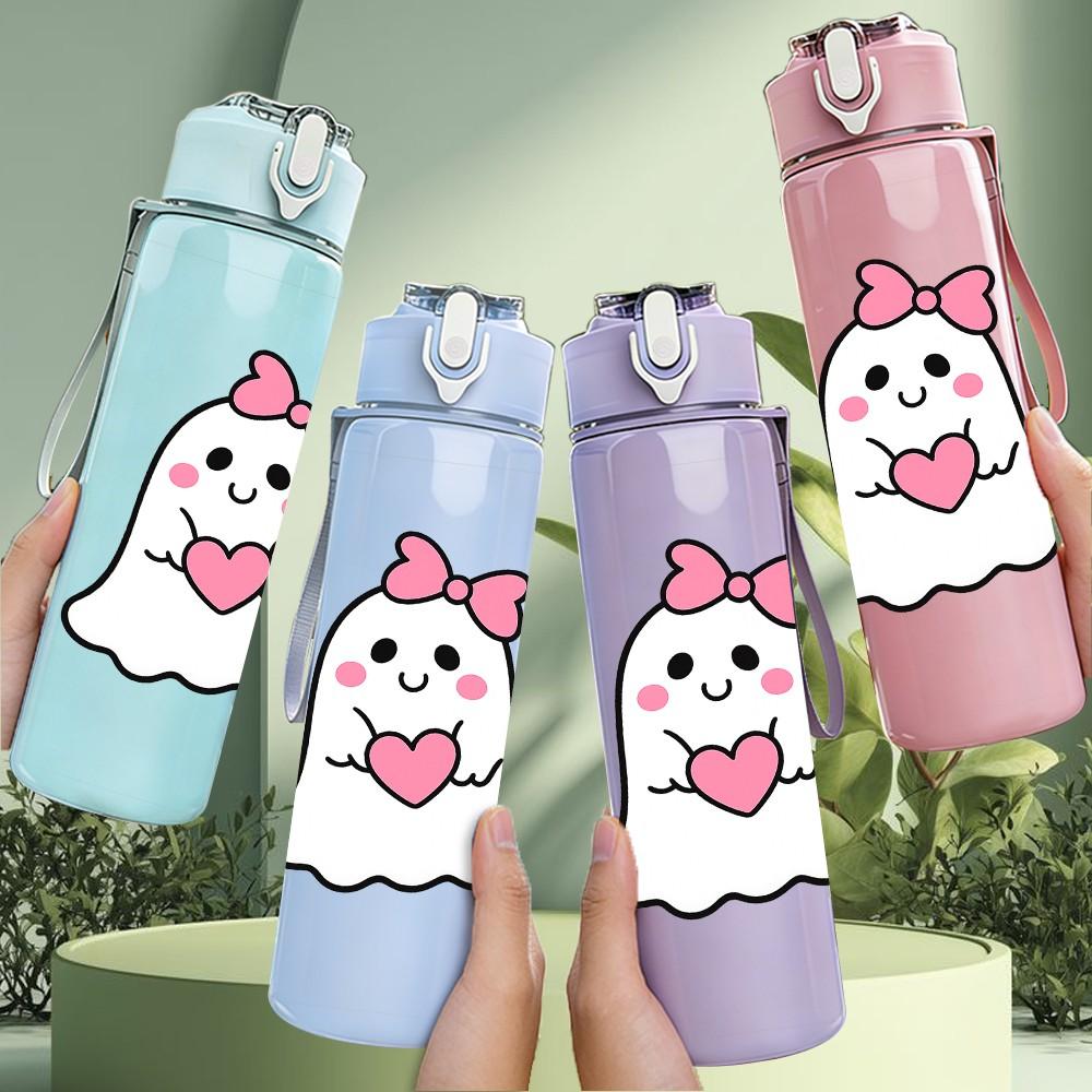 1PC Small Cute Ghost Cartoon Print 750ml Color Plastic Sports Water Bottle Leakproof Flip Straw Lid Suitable for Sports Office Home Use