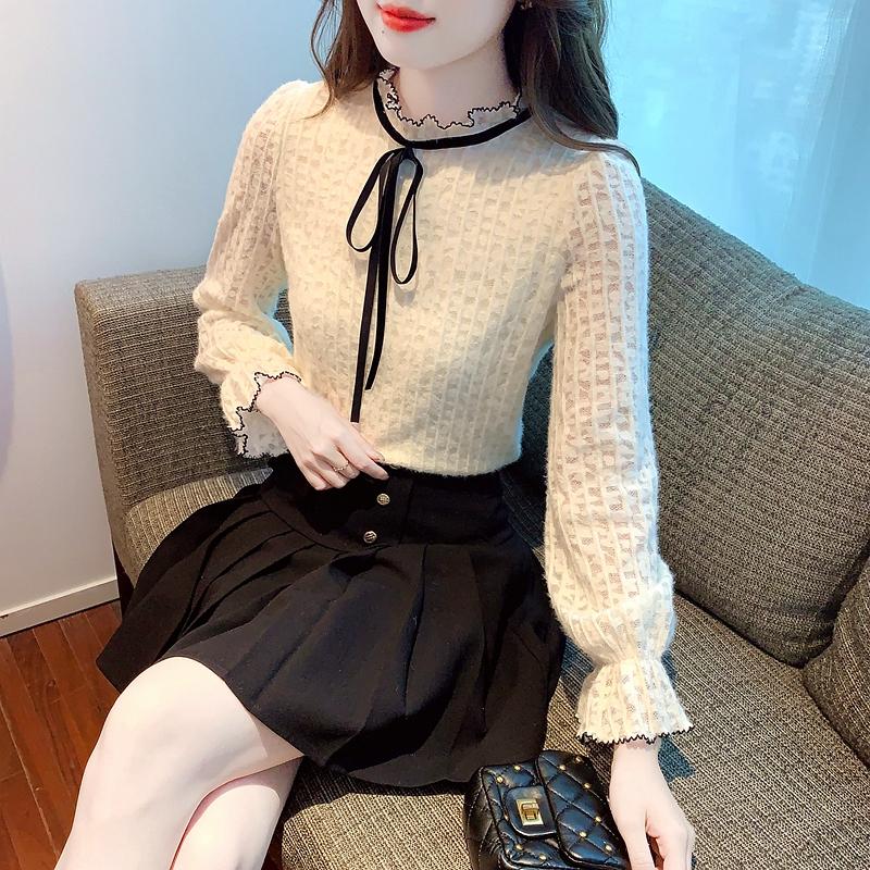 Fashion New 2024 Autumn Winter Long Sleeve Lace Up Ruffled Collar Apricot Velvet Lace Blouse Shirt Women Tops Blouses Shirts J760