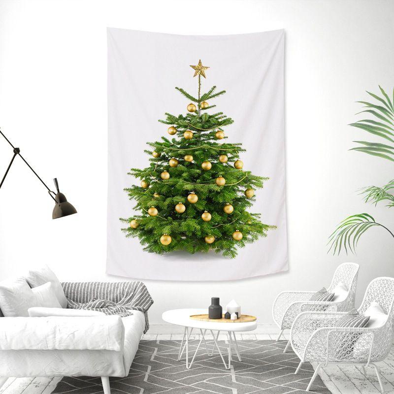 White Realistic Christmas Tree Wall Tapestry Gold Red Ornament Ball Tinsel Gift Box Bow Minimalist Holiday Aesthetic Home