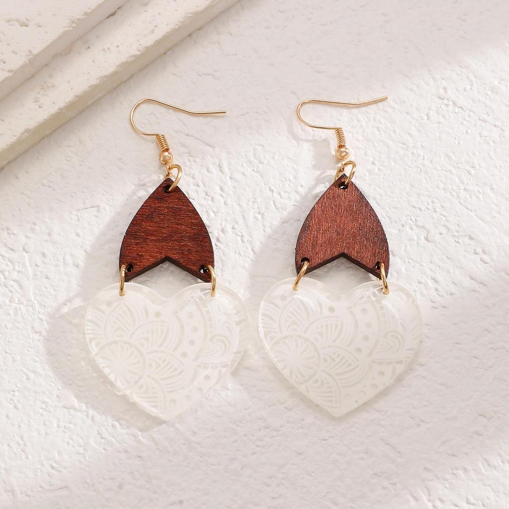 Ethnic Style Temperament Wooden Patchwork Printed Hollow Acrylic Heart Shaped Earrings For Women