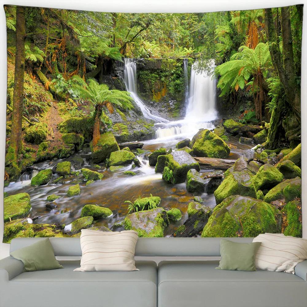 Forest Landscape Tapestry Waterfall Tropical Plants Spring Trees Nature Scenery Garden Wall Hanging Home Living Room Dorm Decor