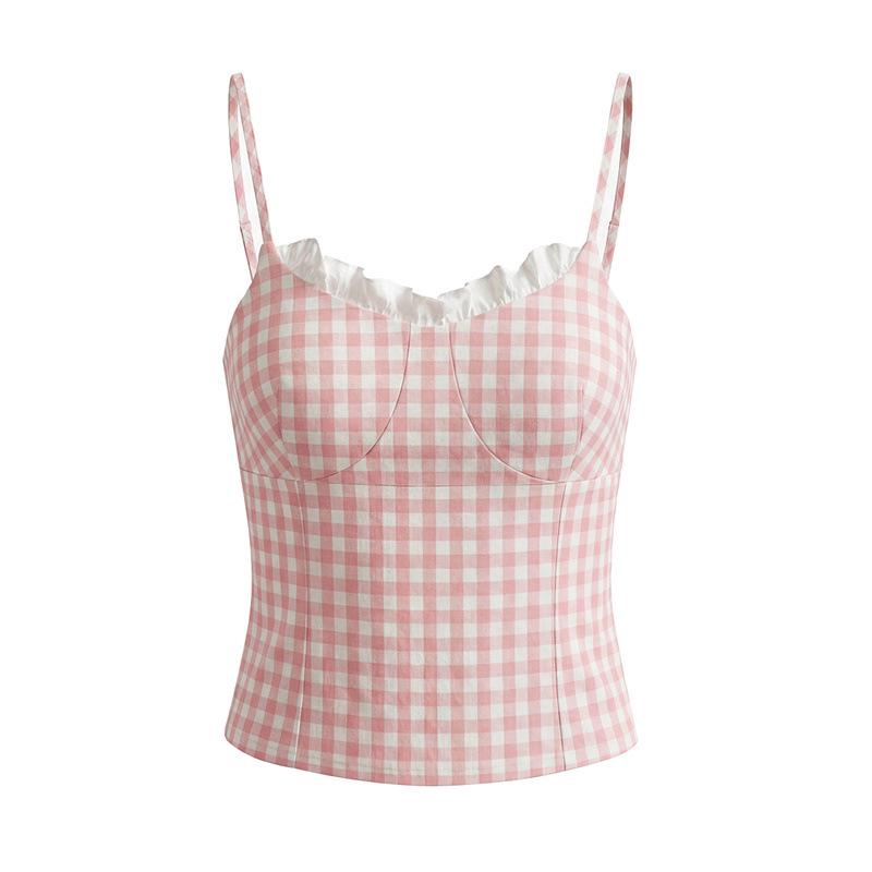 Women s Slim-Fit Pink Plaid Camisole with Ruffles Small