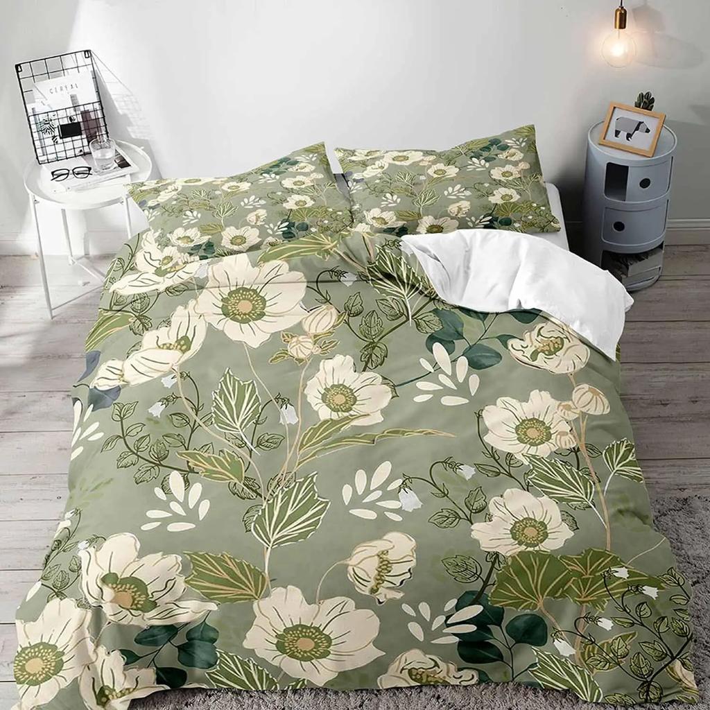 Poszewka na kołdrę z motywem botanicznym w liście, kwiatowy wzór, komplet pościeli king-size, miękka poszewka na kołdrę z mikrofibry w geometryczny wzór z 2 poszewkami na poduszki