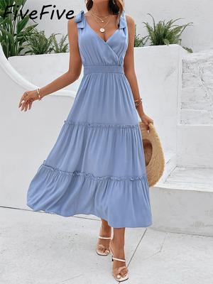 FiveFive moda casual donna stampa abito senza maniche cinturino gonna di media lunghezza bretella abito midi tinta unita taglie forti