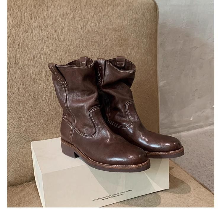 

Washed cowhide~ grape mother leather retro V-mouth medium boots locomotive boots thick heel western cowboy boots women s short boots 40