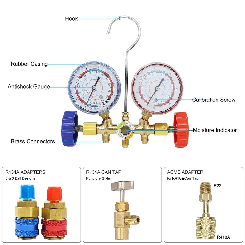3-way AC manifold instrument cluster, R12 R22 R404A R134A refrigerant HVAC diagnostic charging tool, adjustable quick coupling