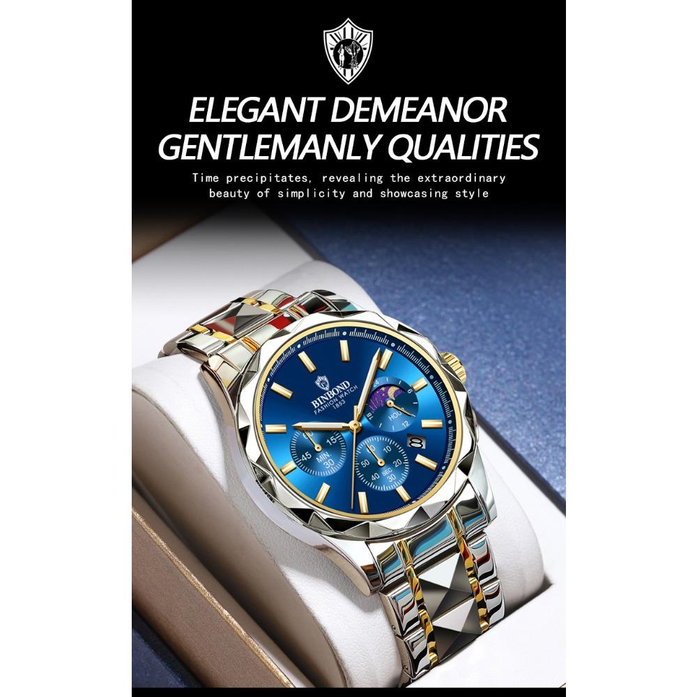 BINBOND Luminous Waterproof Quartz Wristwatch for Men Accurate Luxury Auto Date Chronograph Men's Watch Fashion Durable Reloj