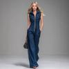 Women's Stand Collar Sleeveless Zip Front Pocket Slim Fit Denim Style Long Jumpsuit