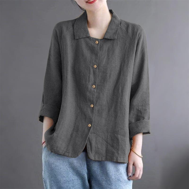 ZANZEA Women Casual Turn Down Collar Loose 3/4 Sleeve Cotton Blouse