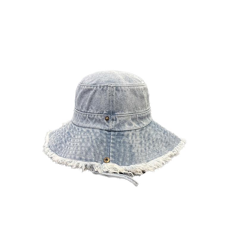 Spring and autumn eaves raw edge washed denim bucket hat women's spring and summer outdoor sunshade washbasin hat