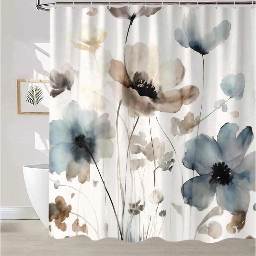 1PC Watercolor Flowers Printed Shower Curtain, Waterproof and Washable, With 12Hooks, Suitable for Bathroom Shower, Bathtub