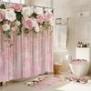 4Pcs Bathroom Shower Curtain Set Pink and White Flower Bathroom Curtain With 12 Hooks Non Slip Rugs Toilet Cover Mat Bathroom Partition