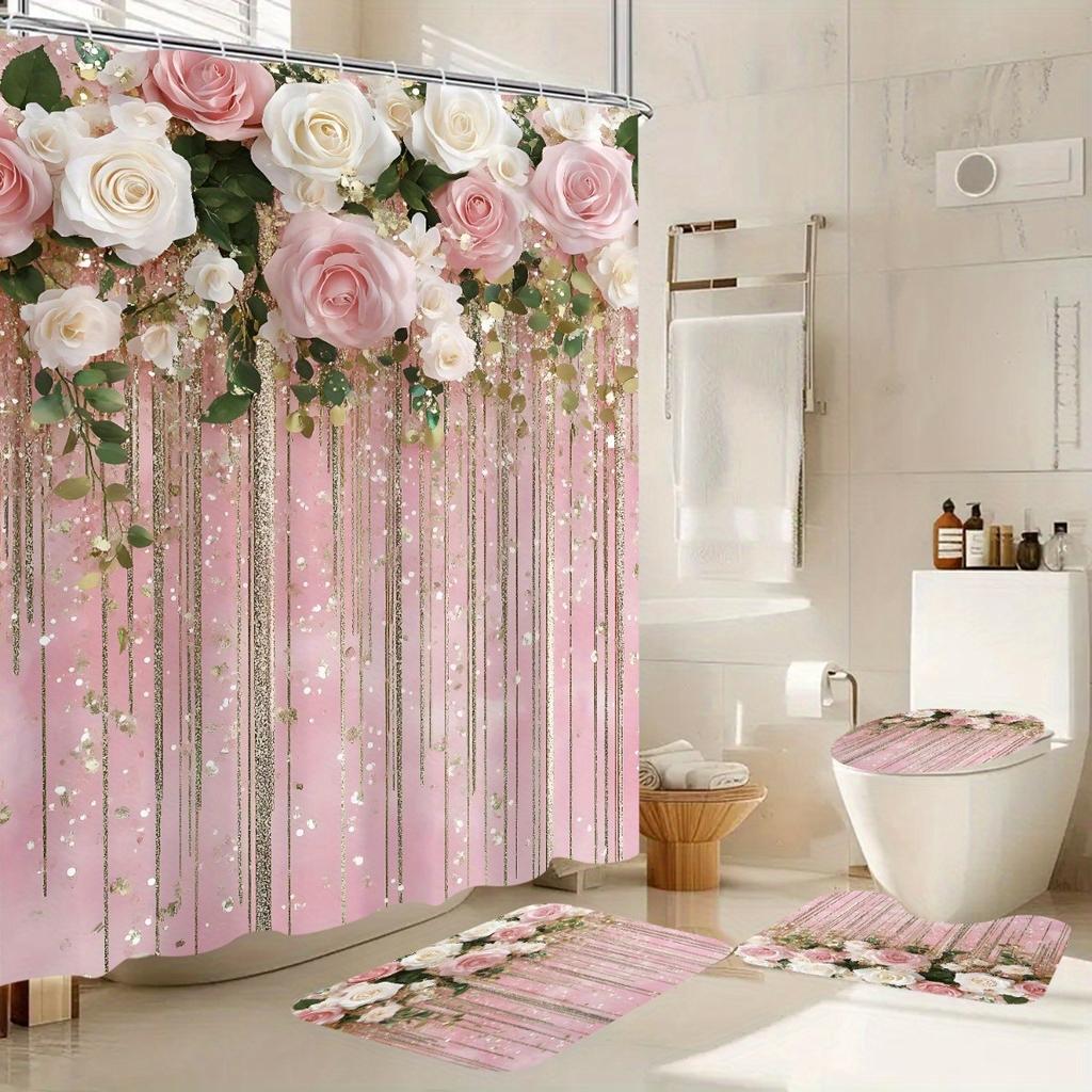 4Pcs Bathroom Shower Curtain Set Pink and White Flower Bathroom Curtain With 12 Hooks Non Slip Rugs Toilet Cover Mat Bathroom Partition