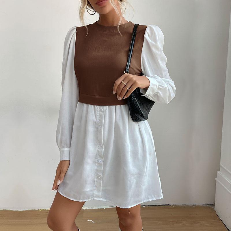 

2025 Autumn Women s Color Block Puff Sleeve Round Neck Shirt Dress XL коричневий/кавовий