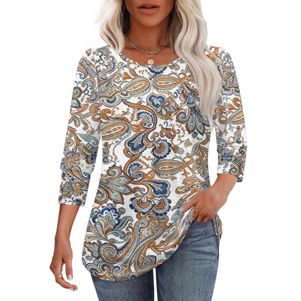 Women's Casual Loose Fit Top Round Neck Three Quarter Sleeve Blouse Button Detail Lightweight Fabric Relaxed Fit