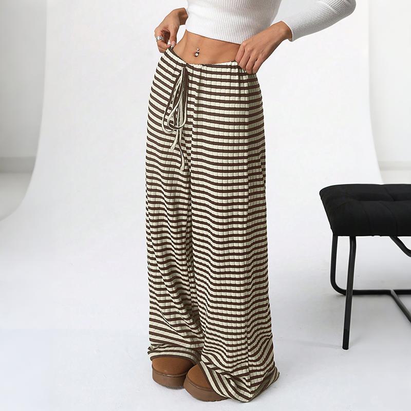 Women Spring Summer Casual Sport Drawstring High-Waisted Stripedd Straight-leg Pants