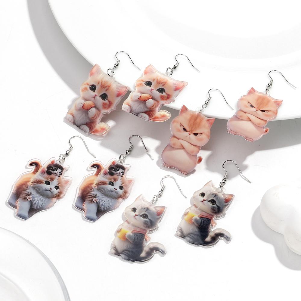 Cute 2D Flat Cat Acrylic Print Earrings for Women Funny Creative Pet Kitten Animals Drop Earring Lovely Jewelry Birthday Gifts