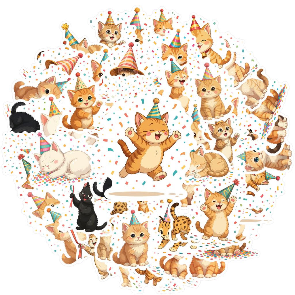 35-70pcs Adorable Birthday Cat Stickers With Party Elements Meme Graffiti Sticker Phone Guitar Laptop Notebook Waterproof Decals