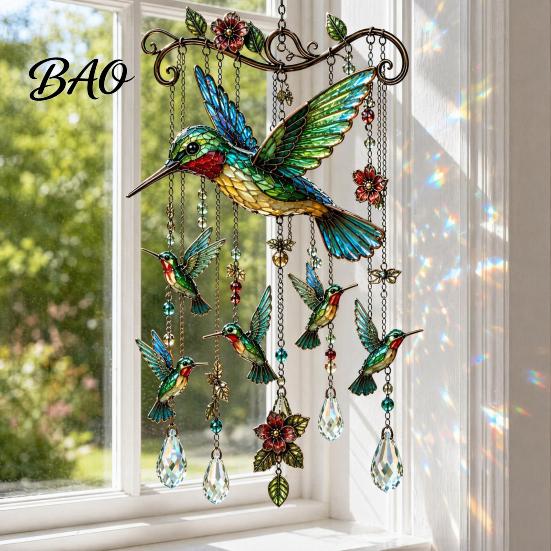 Natural White Noise Chime Graceful Bird Wind Chimes, Chimes for Outside, Metal Hanging Crystal Suncatchers with Pendants Garden Yard Decor Bead