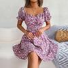 Sommerliches Blumenkleid für Damen Quadratischer Ausschnitt Kurze Ärmel Schnürung Temperament Frühling S-XL