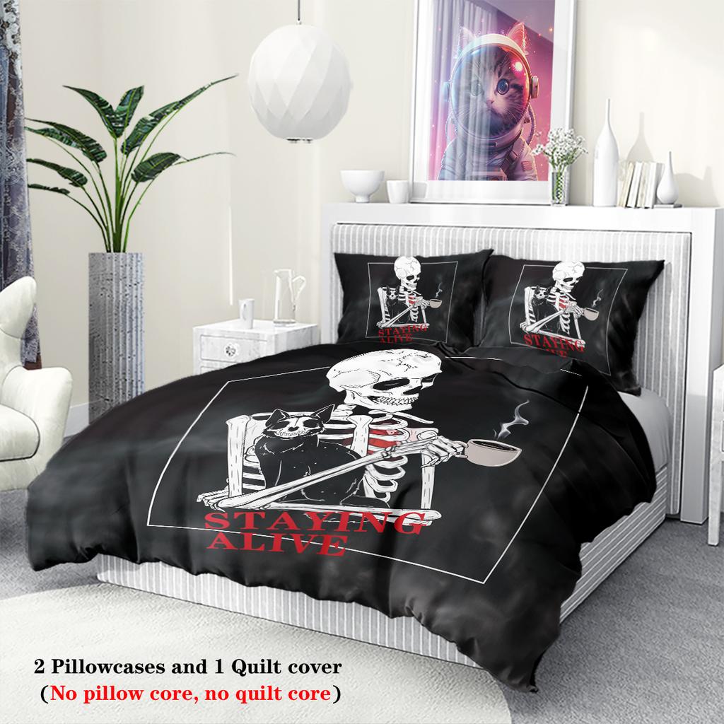 3-piece set, skull staying alive pattern printed duvet set, queen, king, double bed, party  funny and creative bedding set