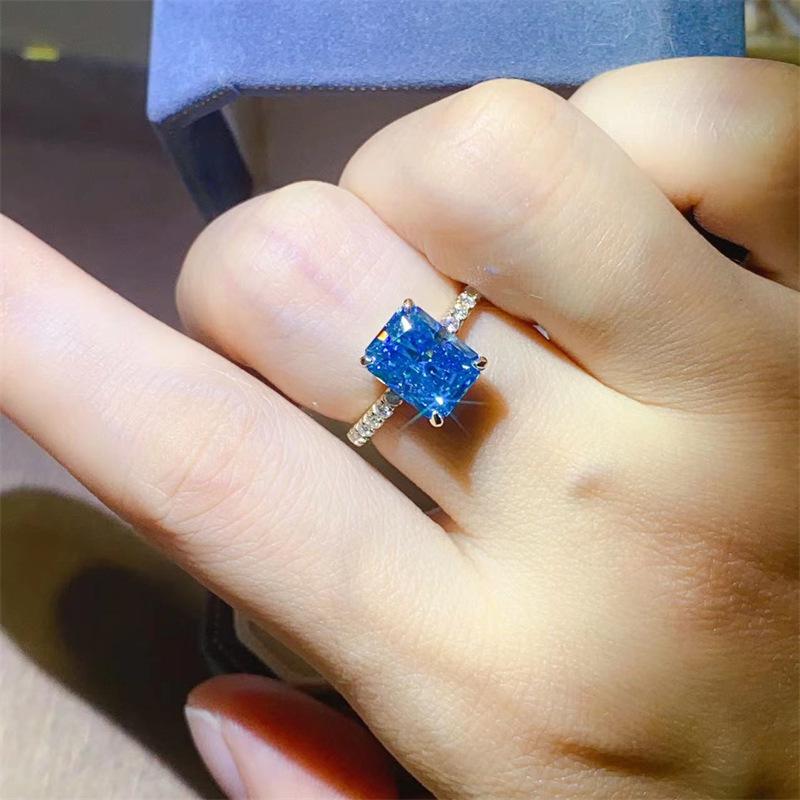 Blue Radiant Moissanite with Rectangular Diamond Micro-Set Engagement Ring & Certificate Size 15