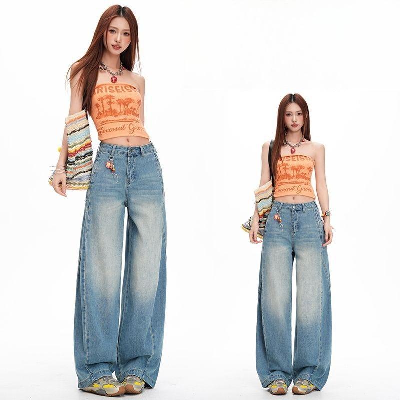 Spring Summer Vintage High Waist Relaxed Wide Leg Saber Cut Denim Pants For Women Casual Pants Oversize Denim Trousers