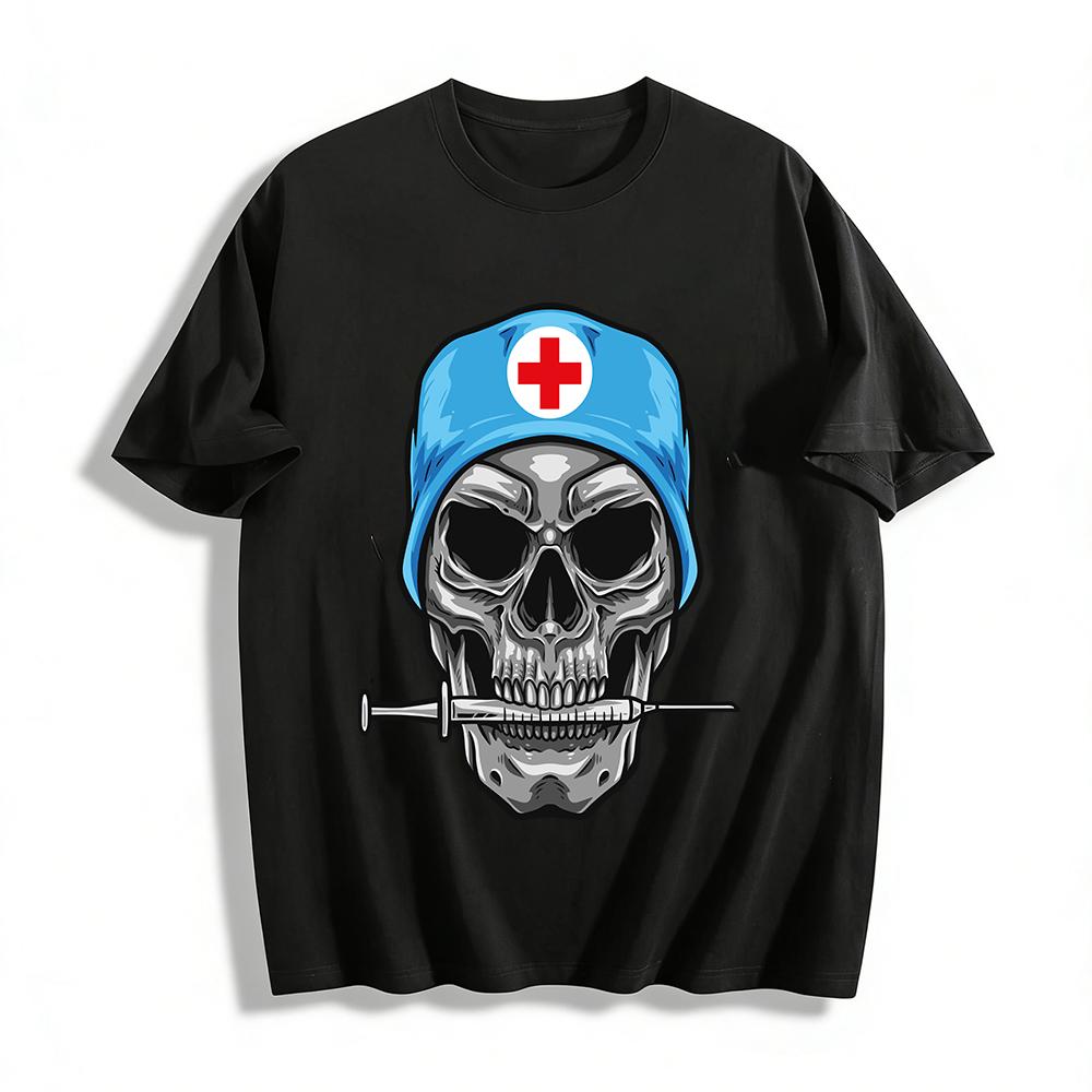 Dark Medical Skull Print T-shirt Edgy Niche Design Casual Top Pure cotton T-shirt XXS