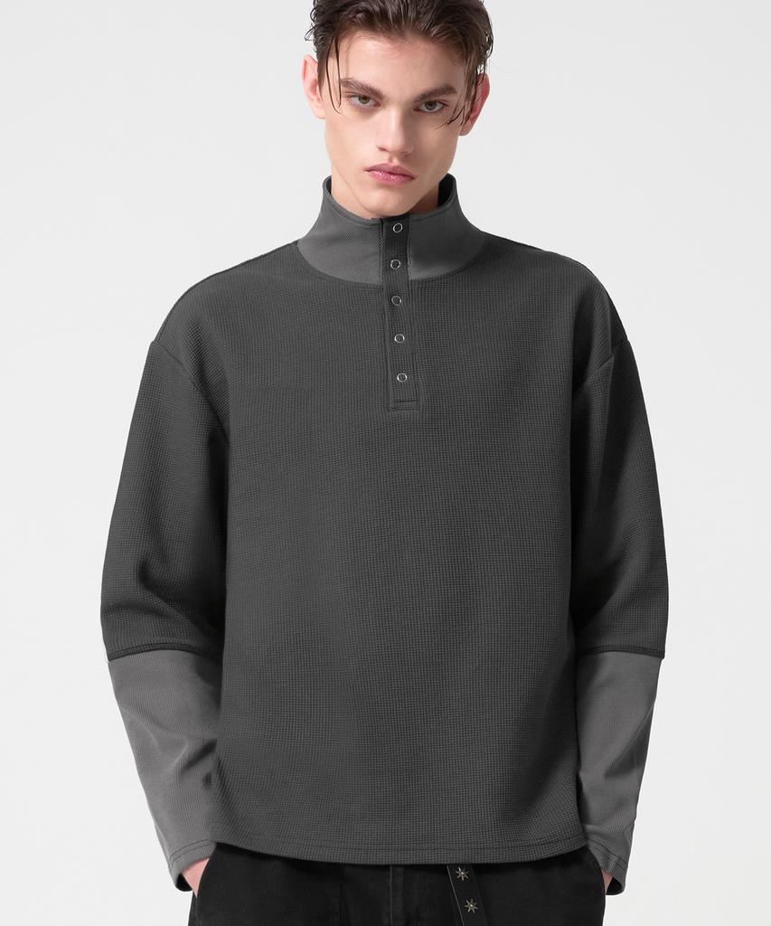 TRILLION Waffle Ring Snap Collar Henley Neck Long Sleeve_Charcoal