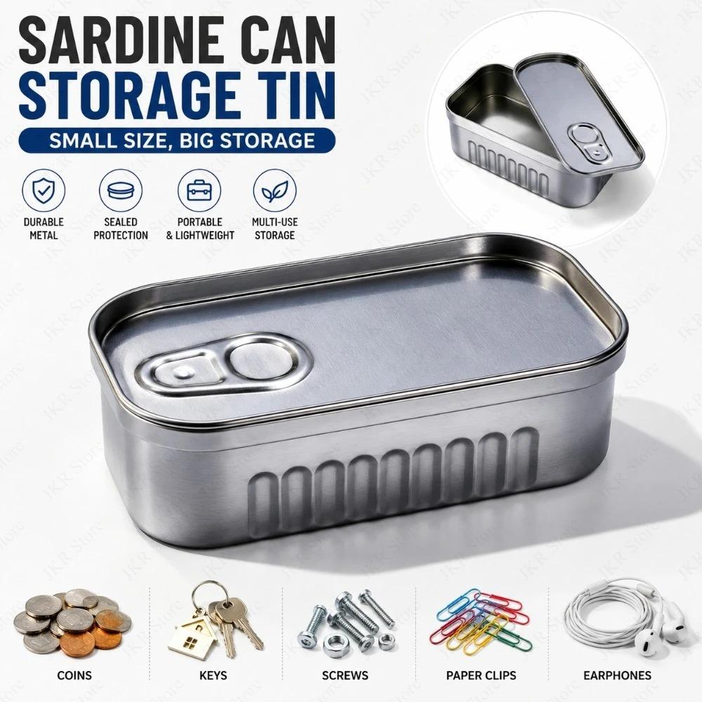 Metal Sardine Can Storage Box Portable Tin Case with Lid Sealed Container for Small Items Home Desk Organizer Holder