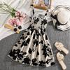 Girls' Fashion Dress Summer Floral Print Strapless Halter Neck High-Waisted Elegant Dress