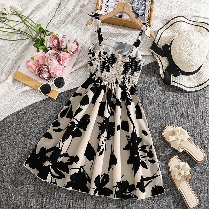 Girls' Fashion Dress Summer Floral Print Strapless Halter Neck High-Waisted Elegant Dress