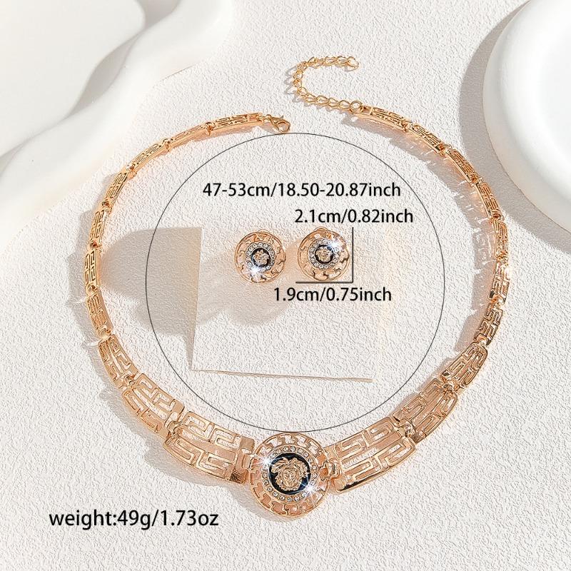 Gold Zinc Alloy Leopard Head Necklace and Earring Set with White Rhinestone Inlay