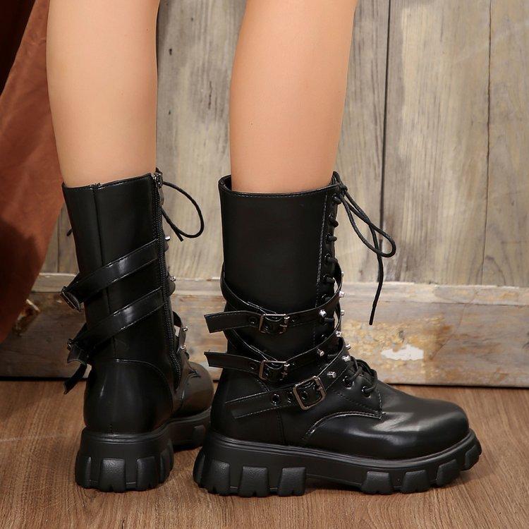 Large Size Round Head Rivet Lace-up Metal Buckle Women's Boots Autumn and Winter Medium Tube But Knee Locomotive Boots