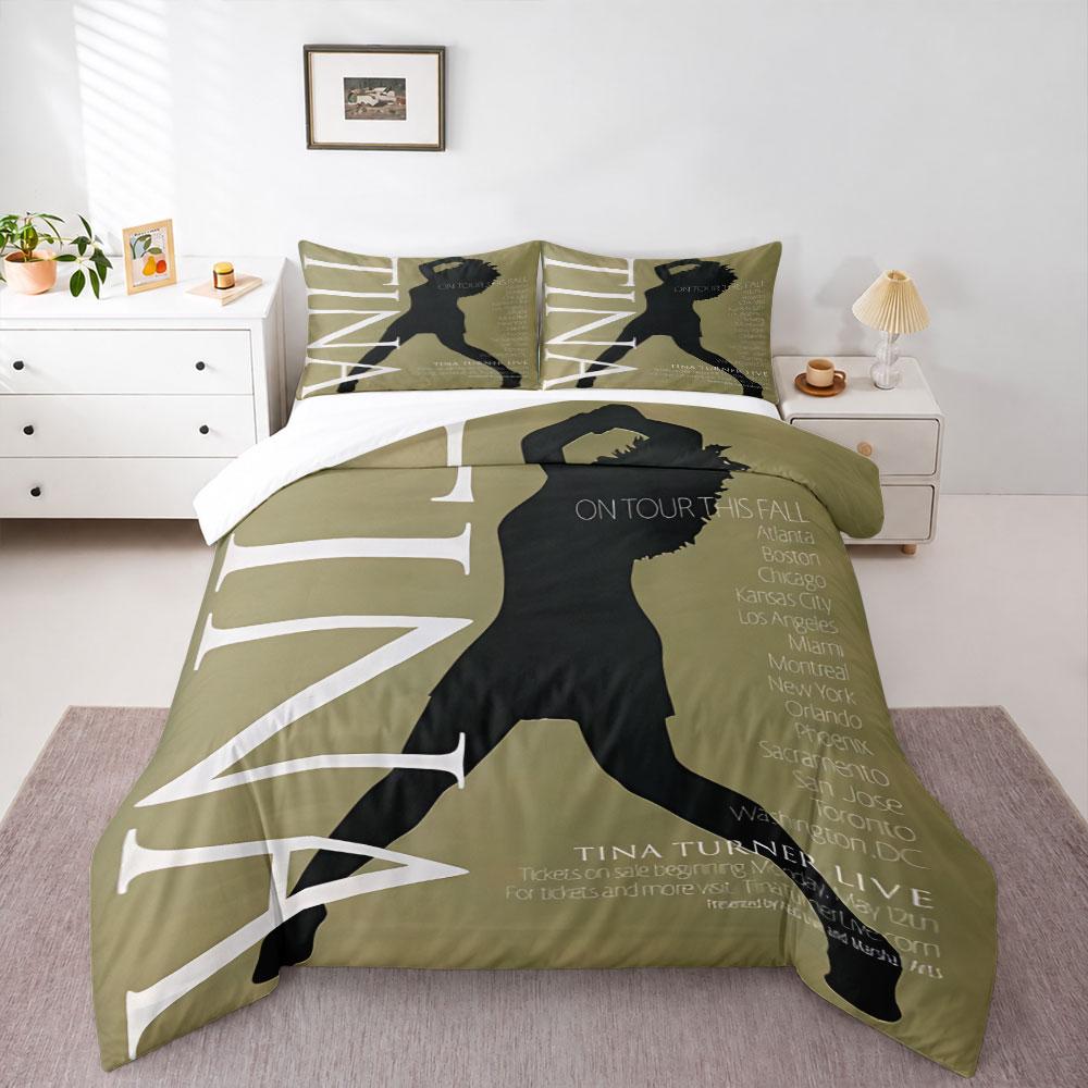 Tina Turner Live On Tour Silhouette Poster Bedding Set, Beige Dancer Mic Art Print Duvet Cover, Rock Queen Music Fan Bedroom Decor