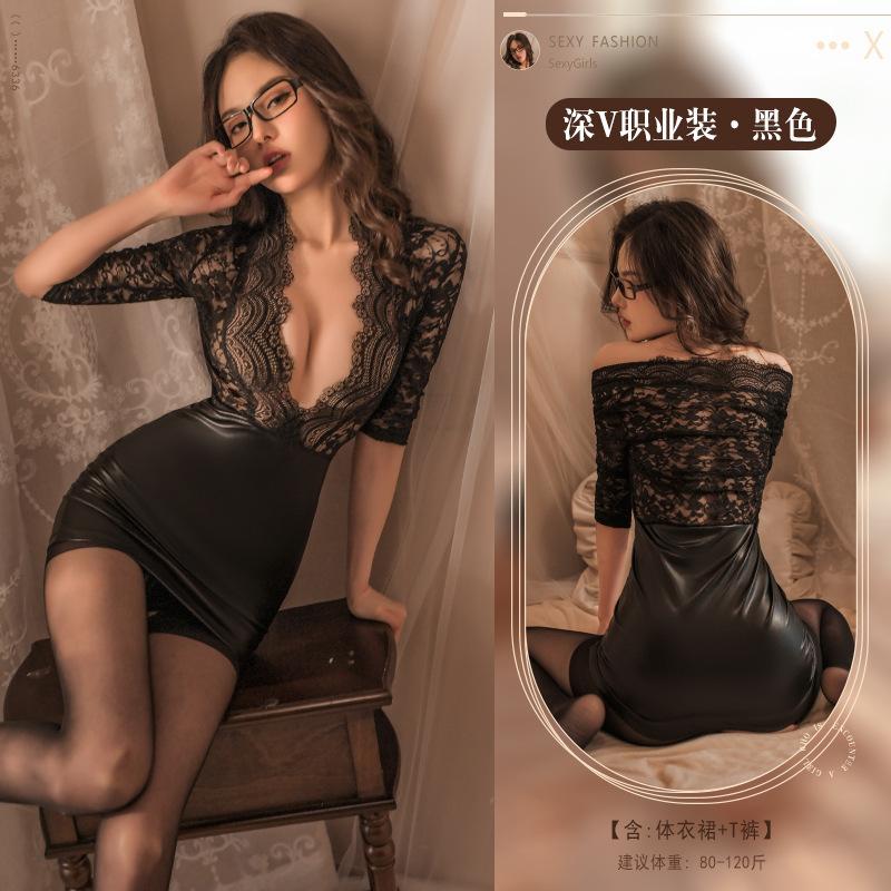 Super Cool Pu Pueple Patchwork Lace Mini Dress Mesh Transparent Sexy Uniform Women Lace Secretary Uniform Dress Elegant Top M3DX
