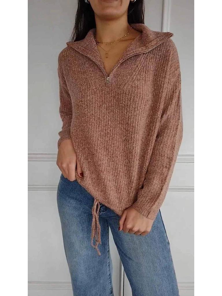 2024 Autumn Winter High Neck Drawstring Knit Sweater - European & American Style Casual Women's Pullover