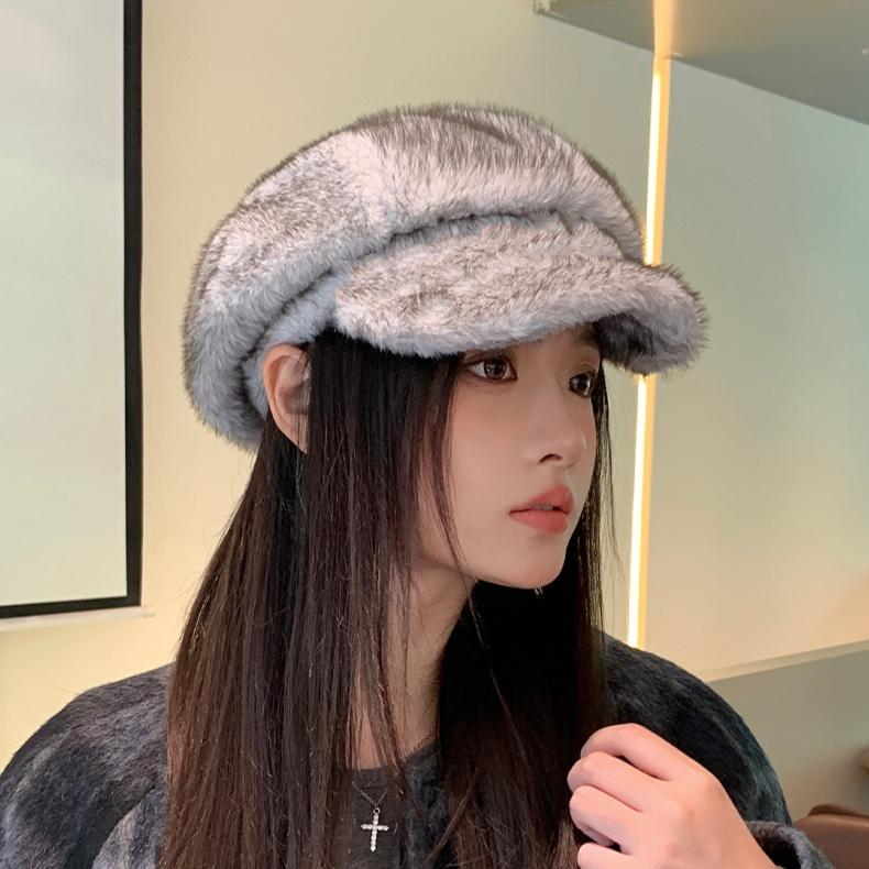 Autumn and Winter Hat Women's New Plush Cap Fashionable Warm Windproof Ear Hat Imitation Fur Octagonal Hat